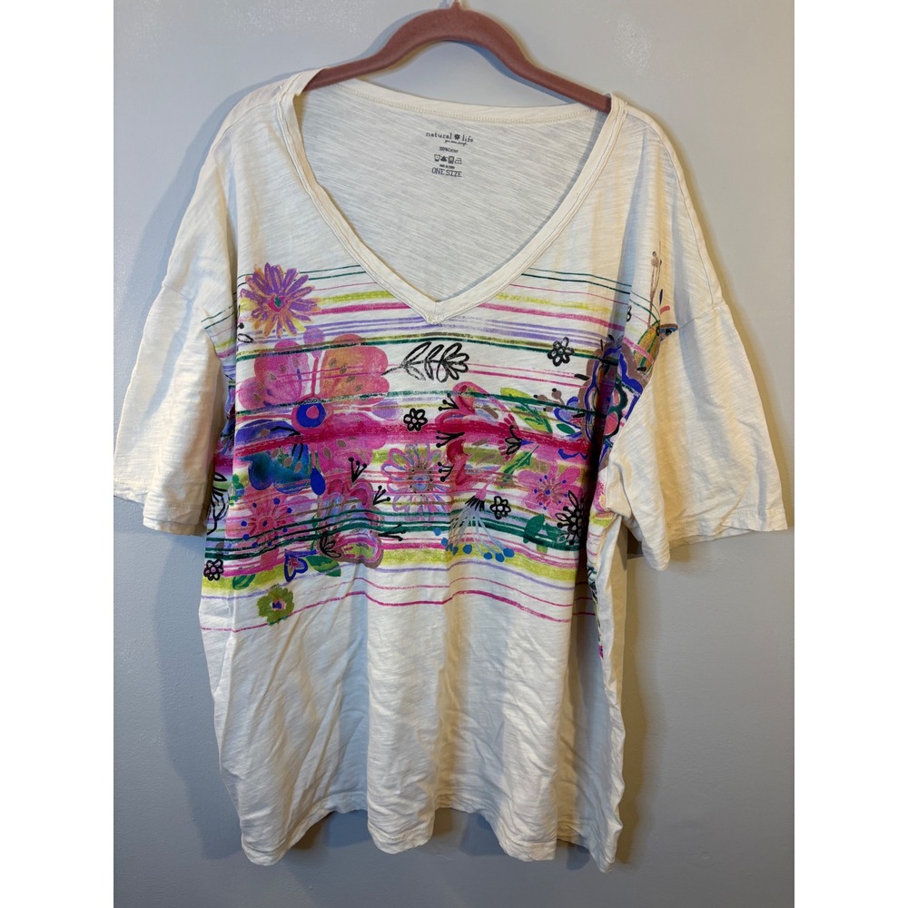 Natural Life Floral V Neck Oversized Short Sleeve Tee Shirt One Size